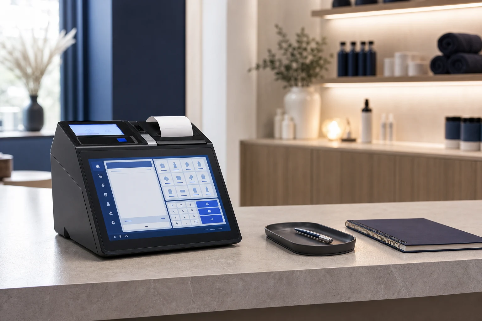 PK-WS T600 All-in-One-Kasse auf einem modernen Empfangstresen