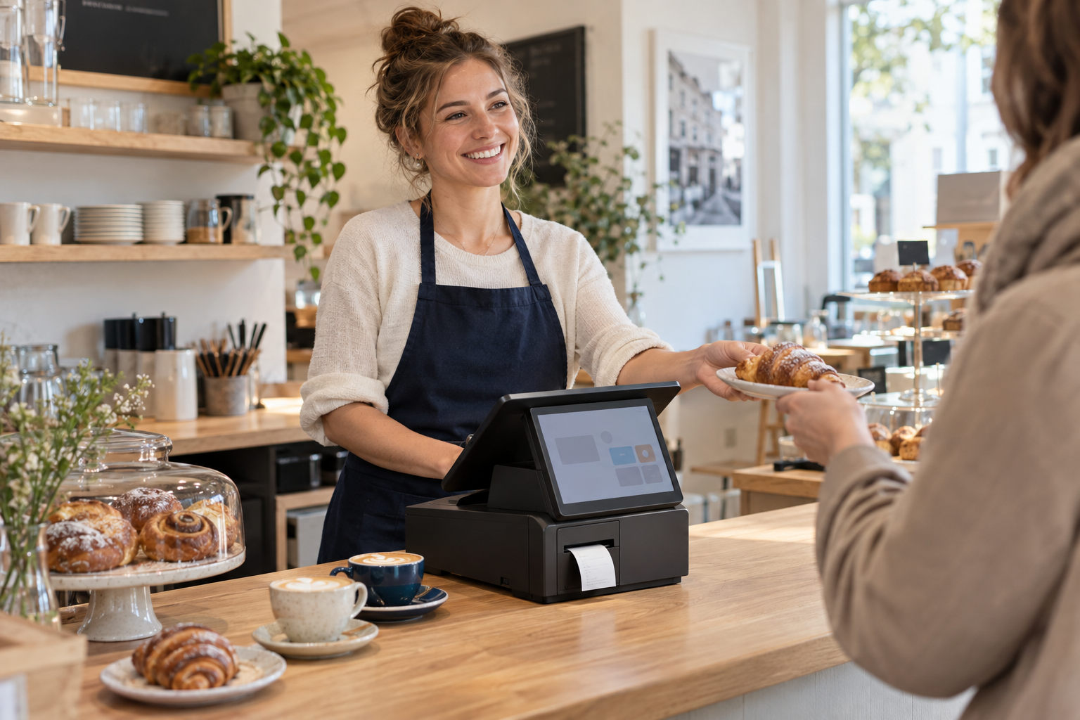 Illustrative Szene: Freundliche Bedienung an einer kompakten All-in-One-Kasse auf einer Cafétheke.