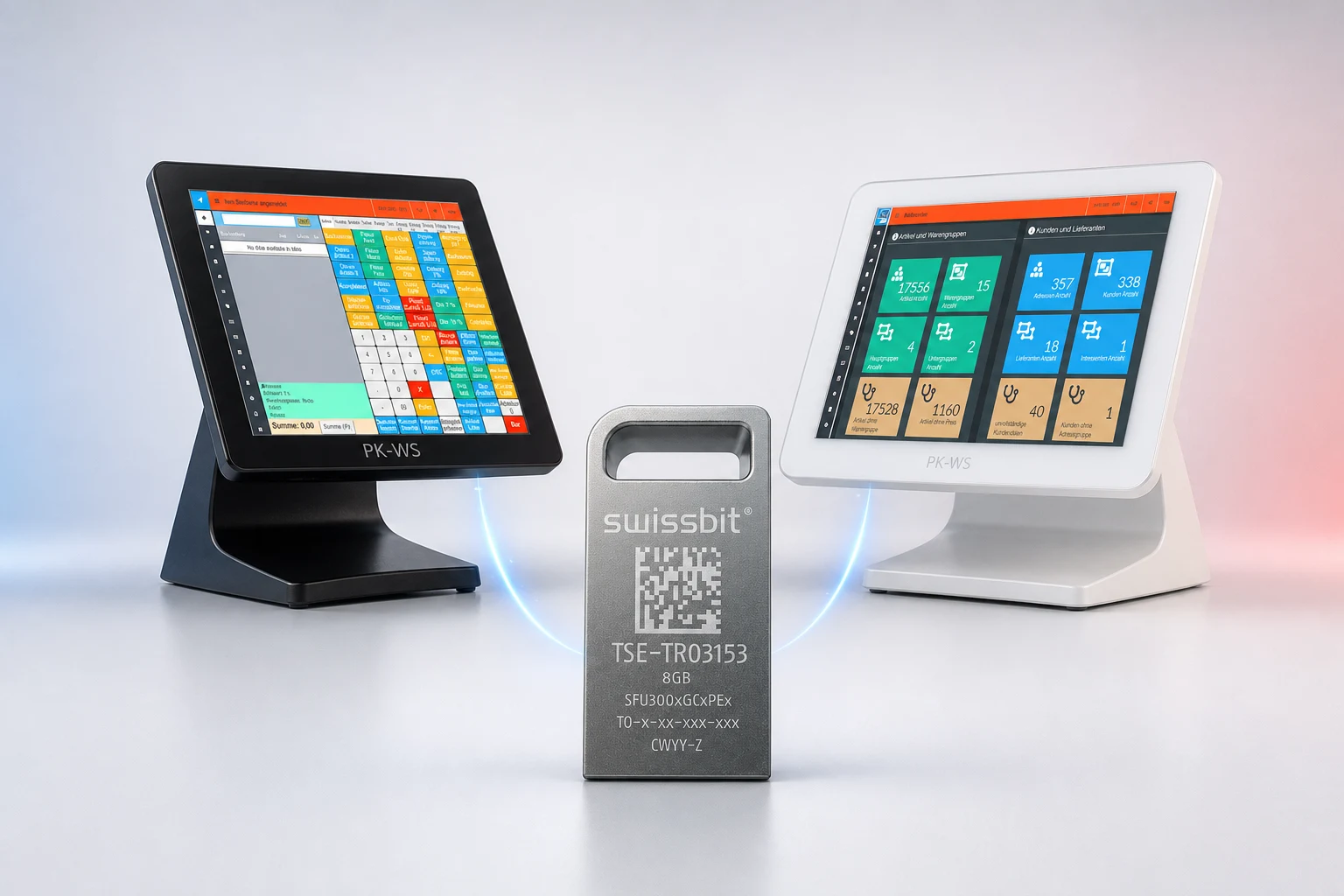 Illustrative Darstellung einer Swissbit USB-TSE zwischen einer schwarzen PK-WS T1000 und einer weißen PK-WS BP-Comfort Kasse