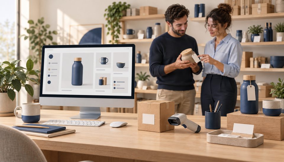 Illustration: Zwei Mitarbeitende pflegen Produkte am Artikelarbeitsplatz mit Katalog, Ware und Scanner.