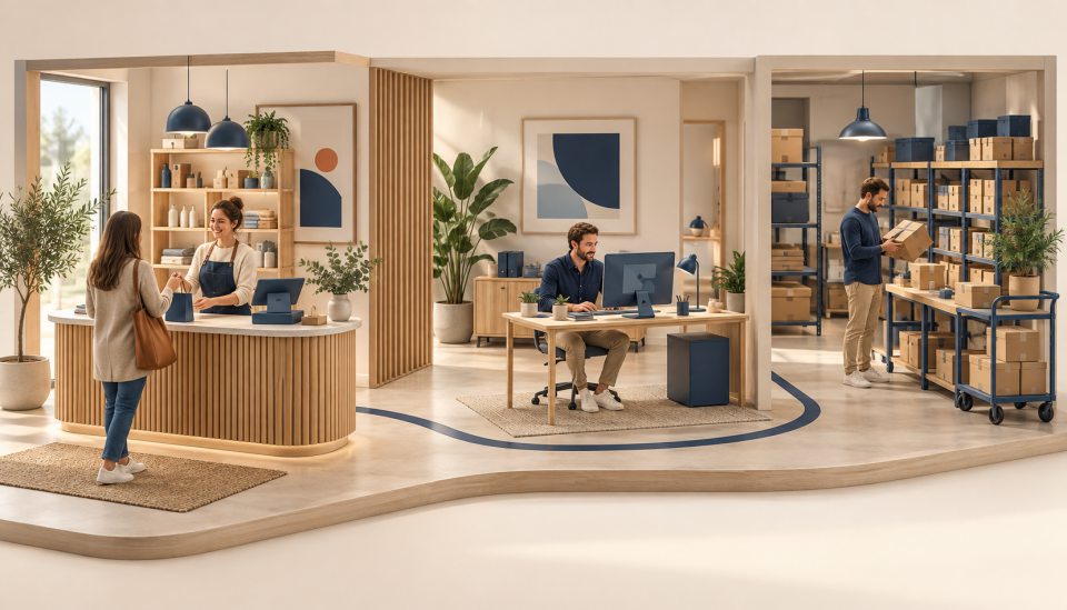Illustration: Verkauf, Büro und Lager als gemeinsamer Betriebsablauf.
